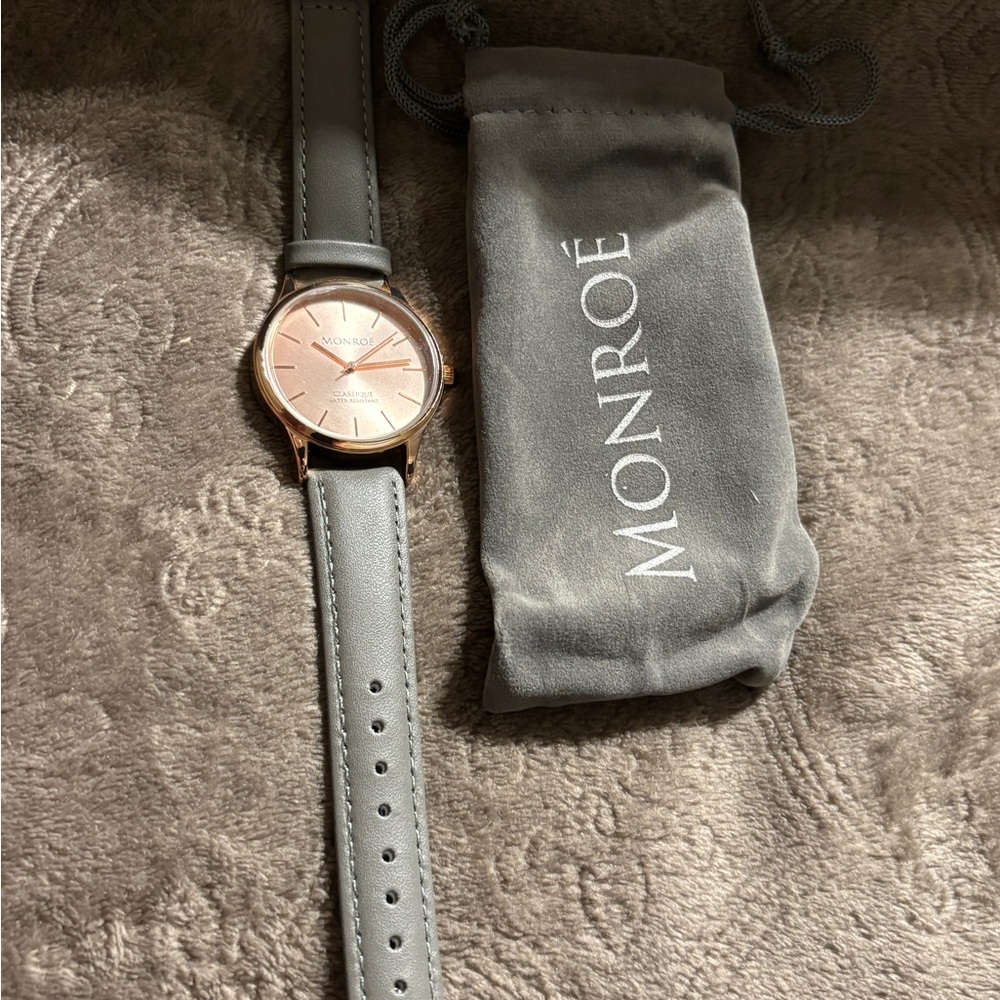 Monroe Classique Rose Gold Watch with Gray Strap and dust bag .